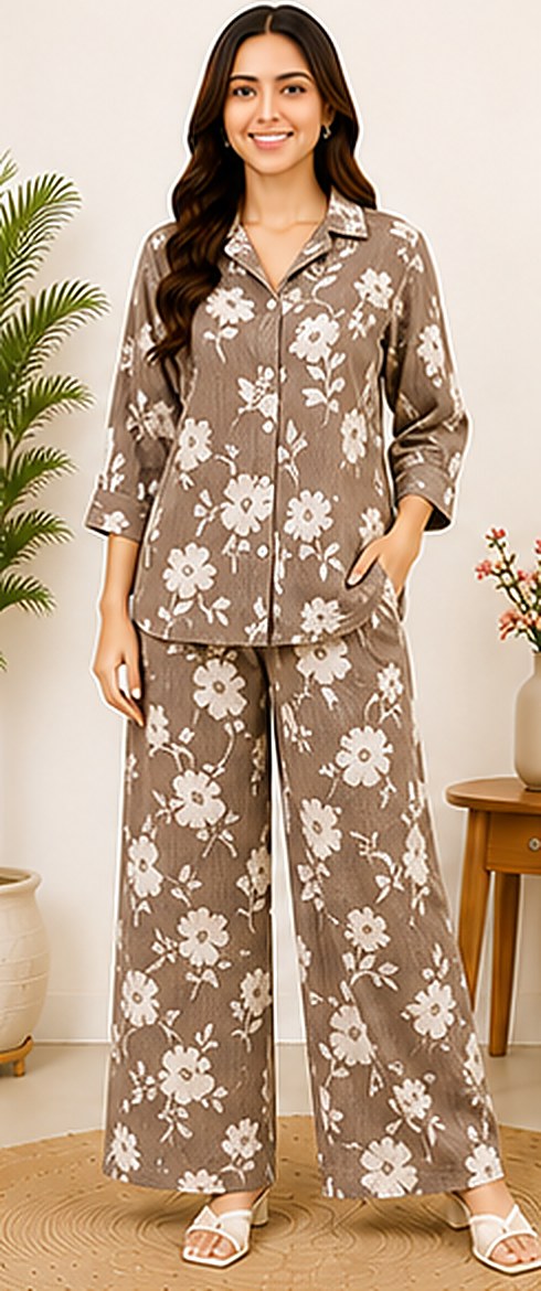 PurvaCreation Mocha Floral Co-ord Set, front view of the shirt and wide-leg pants