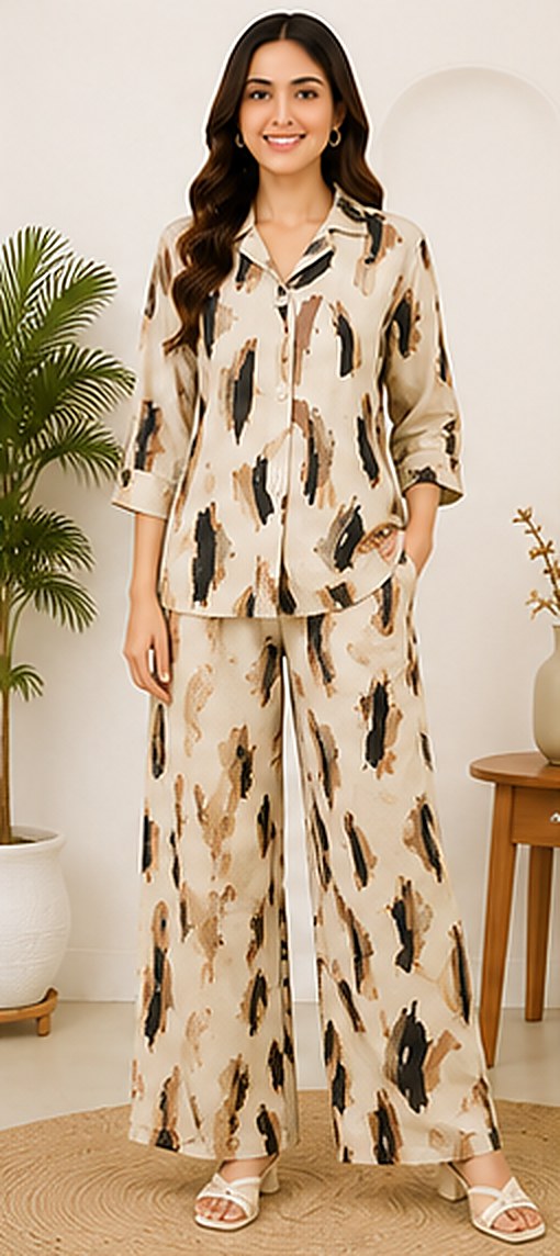 PurvaCreation Beige Abstract Co-ord Set, front view of the button-down shirt and wide-leg pants