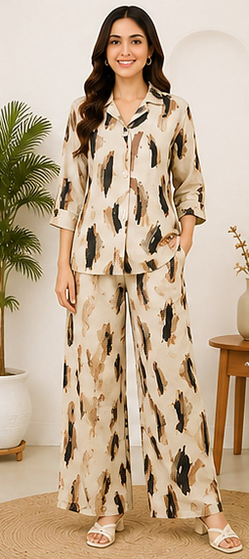 PurvaCreation Beige Abstract Co-ord Set, front view of the button-down shirt and wide-leg pants