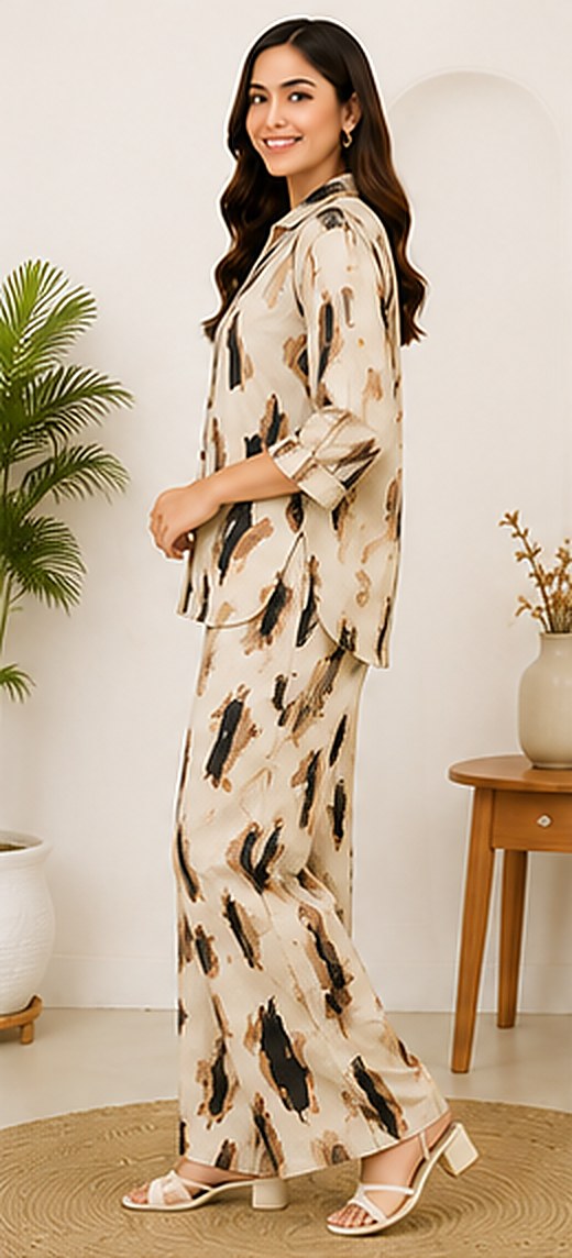 Side view of the PurvaCreation Beige Abstract Co-ord Set