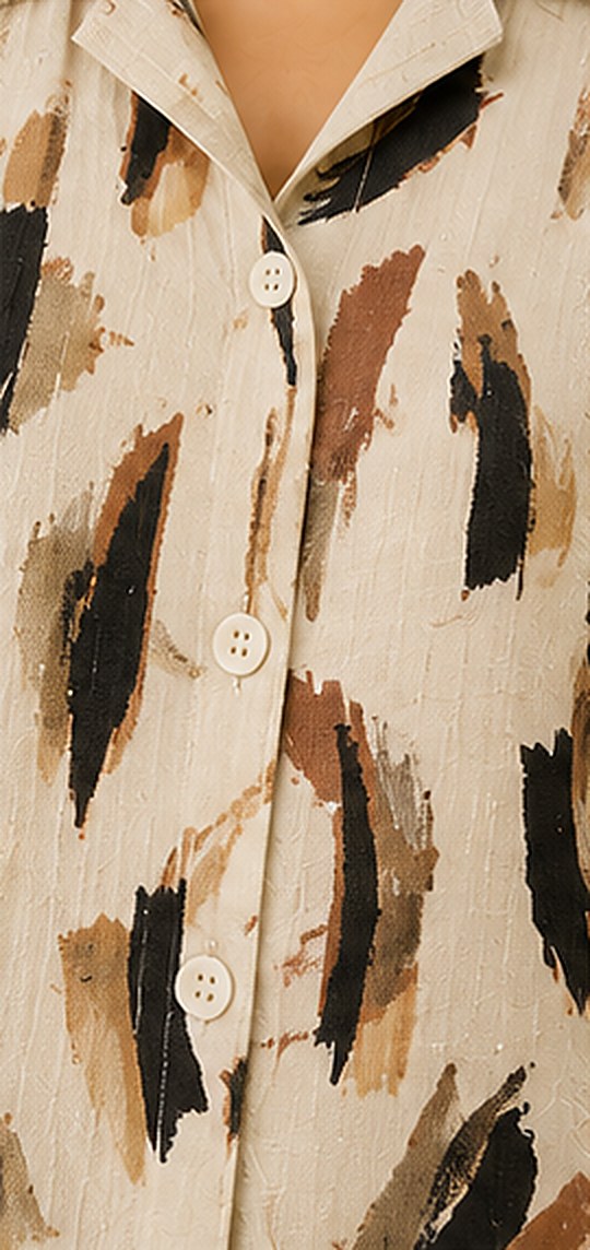 Close-up of the cotton blend fabric and buttons on the Beige Abstract Co-ord Set