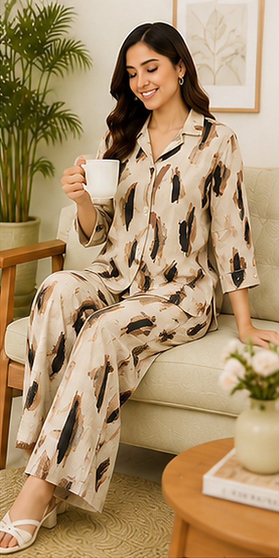Model wearing the PurvaCreation Beige Abstract Co-ord Set at home