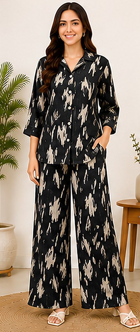 PurvaCreation Black Abstract Co-ord Set, front view of the shirt and wide-leg pants