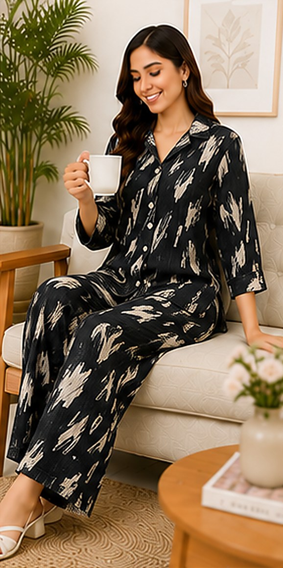 Model wearing the PurvaCreation Black Abstract Co-ord Set at home