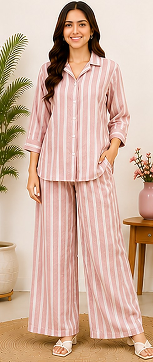 PurvaCreation Dusty Pink Stripes Co-ord Set, front view of the shirt and wide-leg pants
