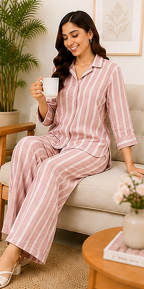 Model wearing the PurvaCreation Dusty Pink Stripes Co-ord Set at home