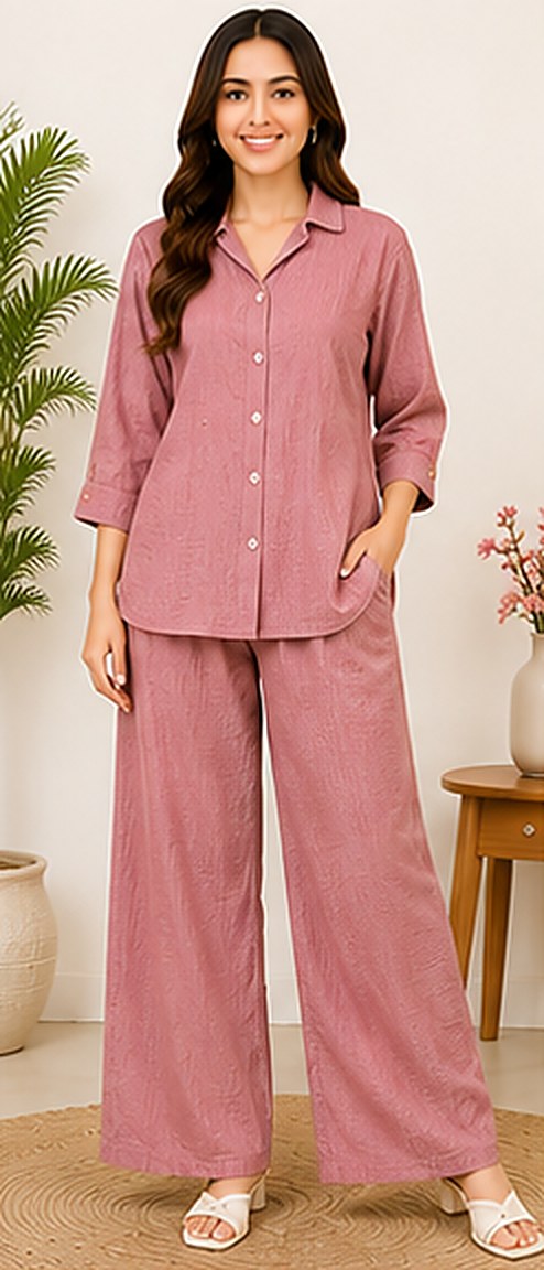 PurvaCreation Dusty Rose Co-ord Set, front view of the button-down shirt and wide-leg pants