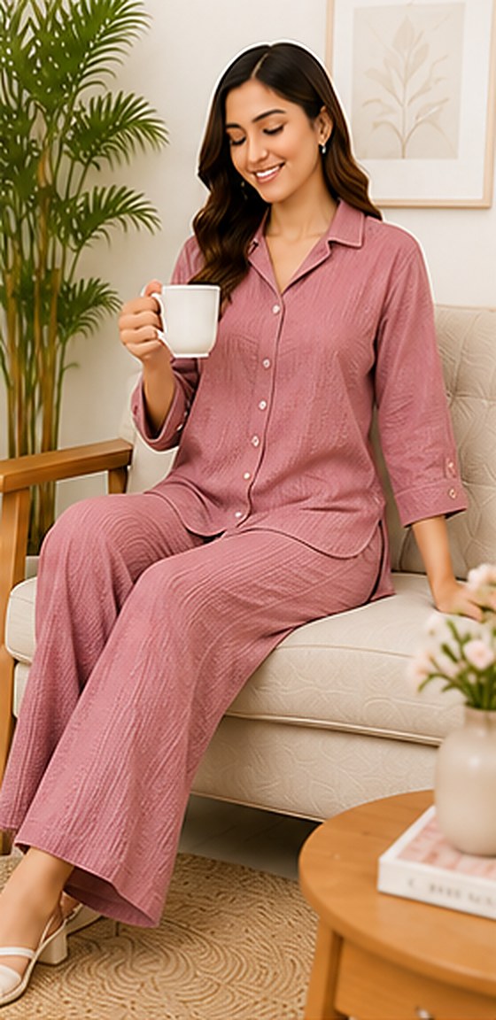 Model wearing the PurvaCreation Dusty Rose Co-ord Set at home