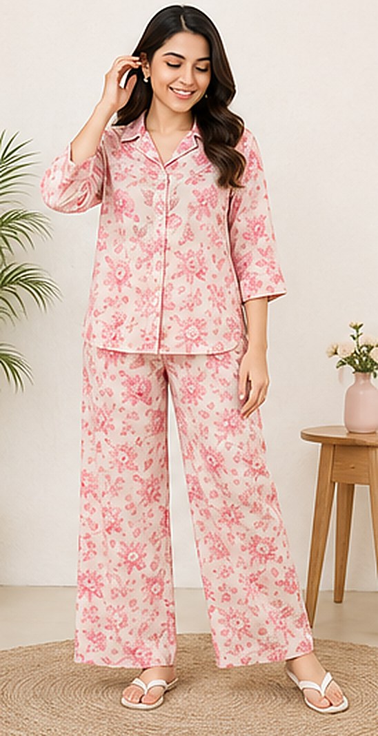 PurvaCreation Floral Breeze Co-ord Set in pink, front view of shirt and wide-leg pants