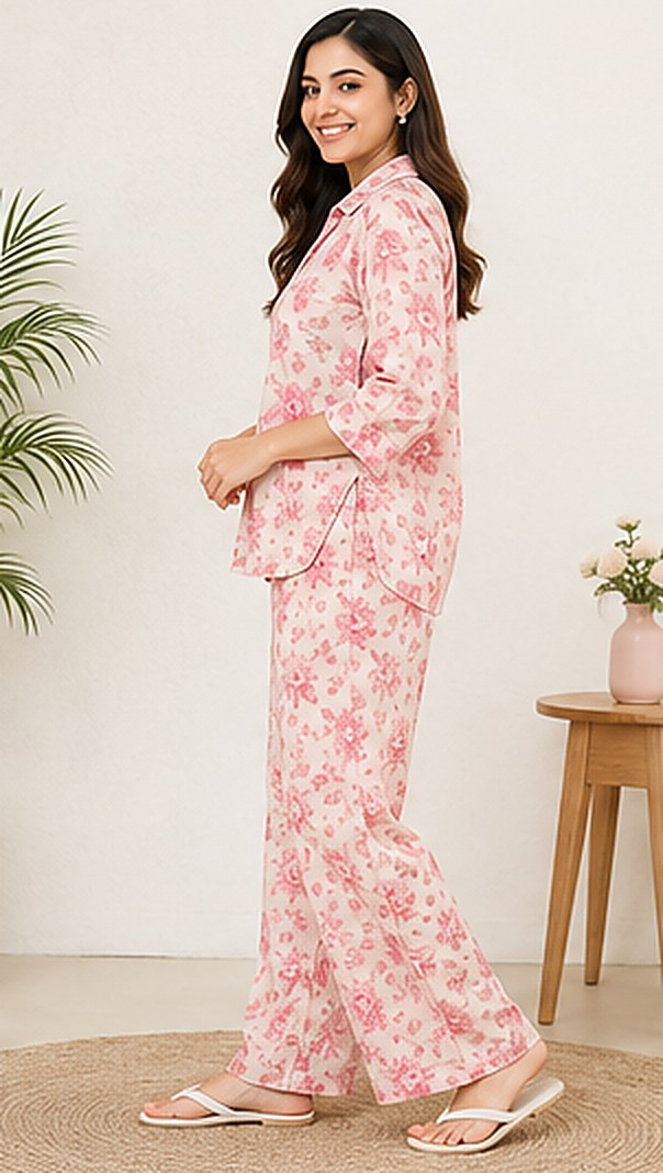 Side view of the PurvaCreation Floral Breeze Co-ord Set in pink