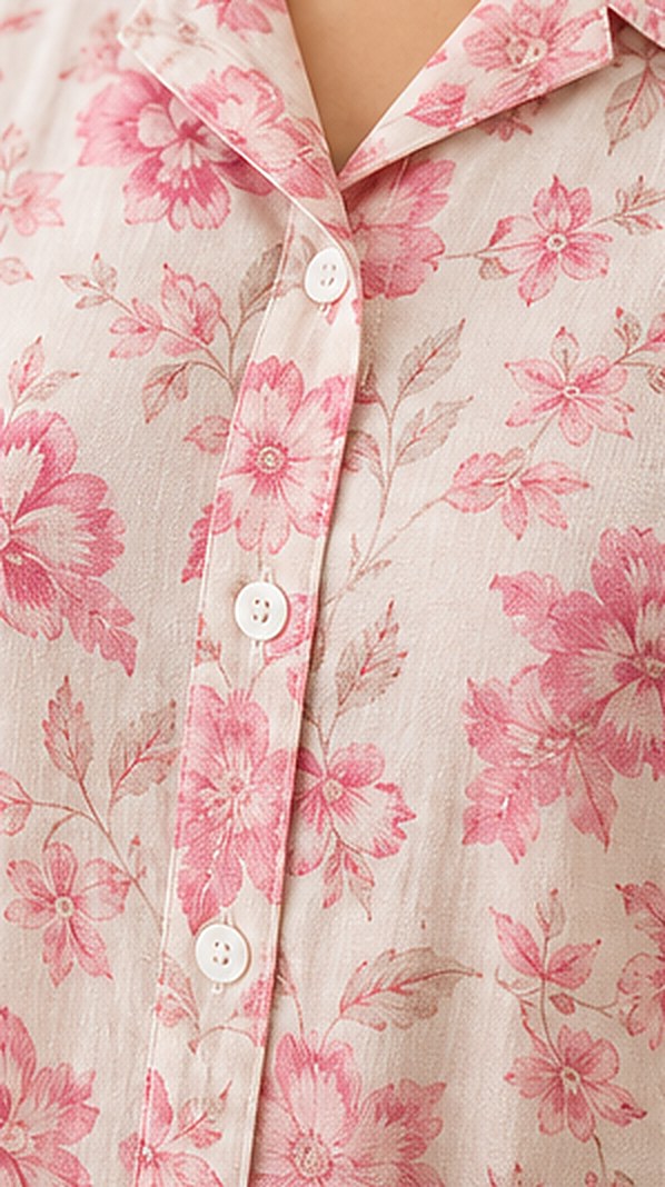 Close-up of the pink floral print and cotton blend fabric on the Floral Breeze Co-ord Set