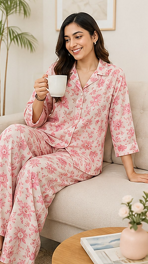 Model wearing the PurvaCreation Floral Breeze Co-ord Set in pink at home