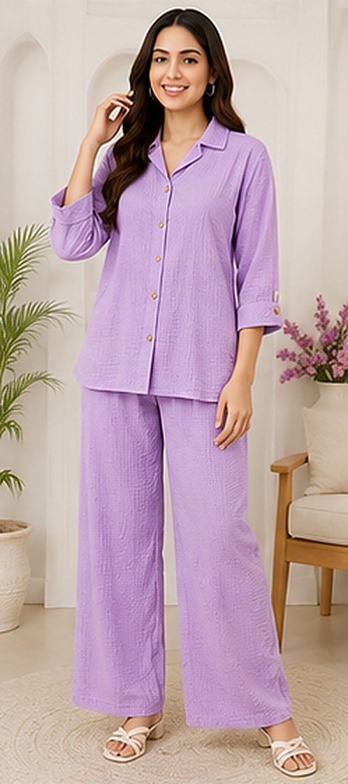 PurvaCreation Lavender Luxe Co-ord Set, front view of the button-down shirt and wide-leg pants