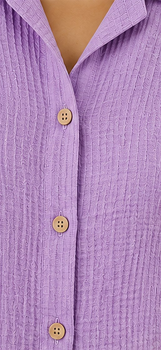 Close-up of the crinkle cotton fabric and button cuff on the Lavender Luxe Co-ord Set