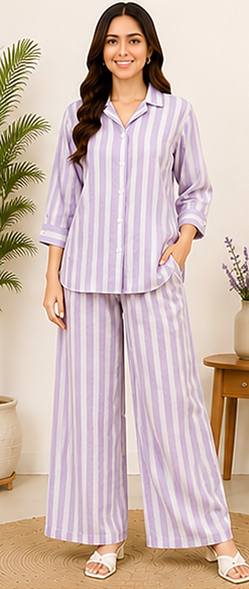 PurvaCreation Lavender Stripes Co-ord Set, front view of the striped shirt and wide-leg pants