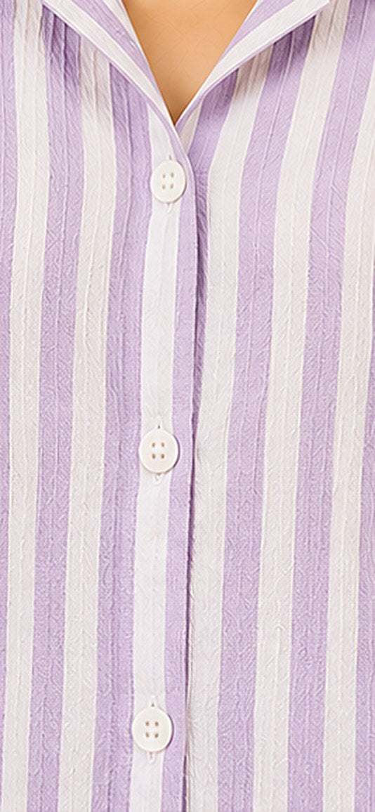 Close-up of the lavender and white stripe on crinkled cotton, Lavender Stripes Co-ord Set