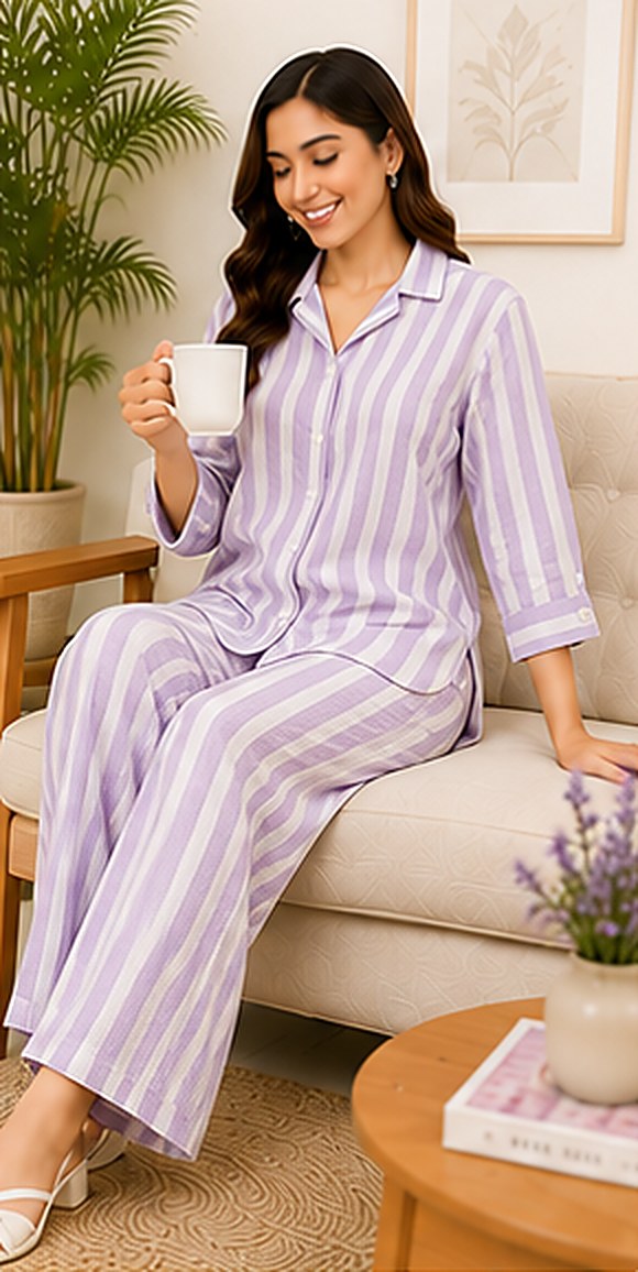 Model wearing the PurvaCreation Lavender Stripes Co-ord Set at home