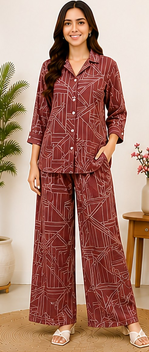 PurvaCreation Maroon Geometric Co-ord Set, front view of the shirt and wide-leg pants