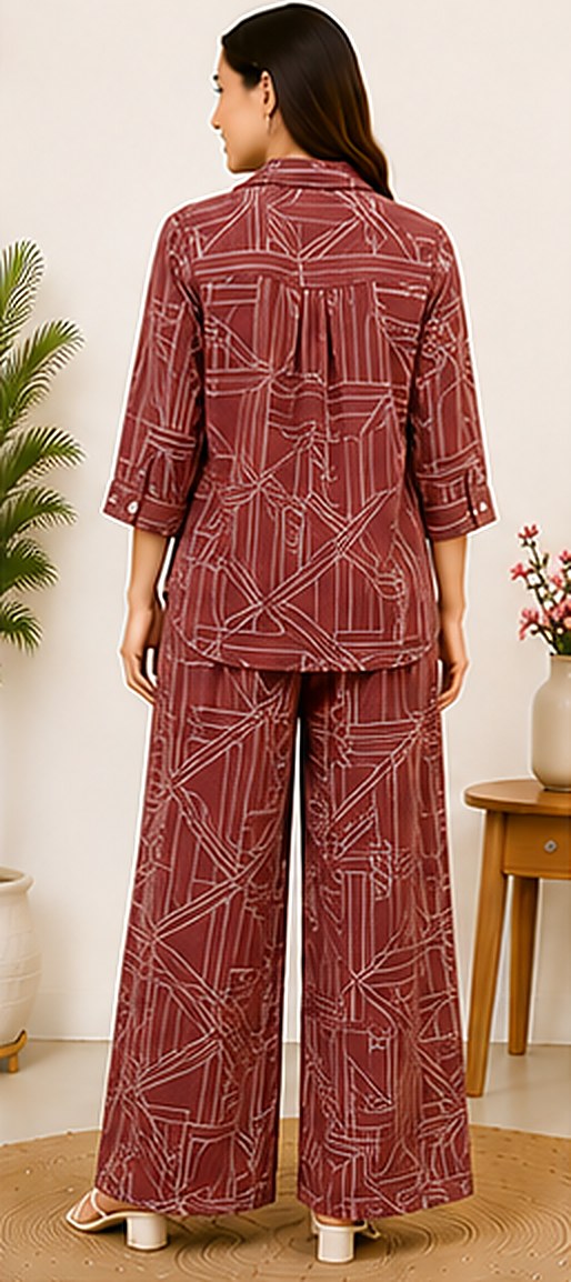Back view of the PurvaCreation Maroon Geometric Co-ord Set