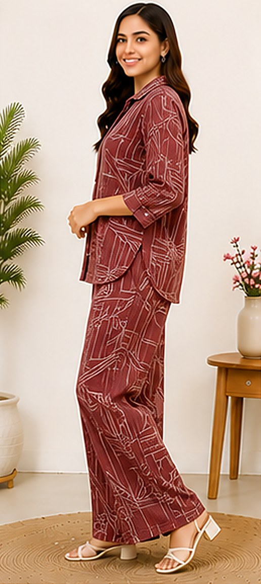 Side view of the PurvaCreation Maroon Geometric Co-ord Set