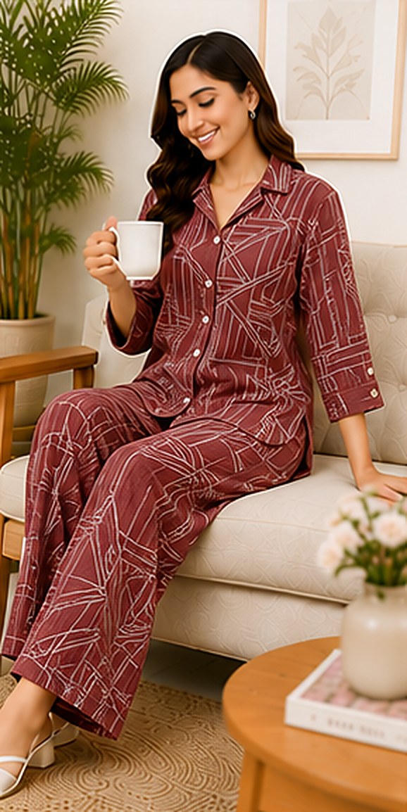 Model wearing the PurvaCreation Maroon Geometric Co-ord Set at home