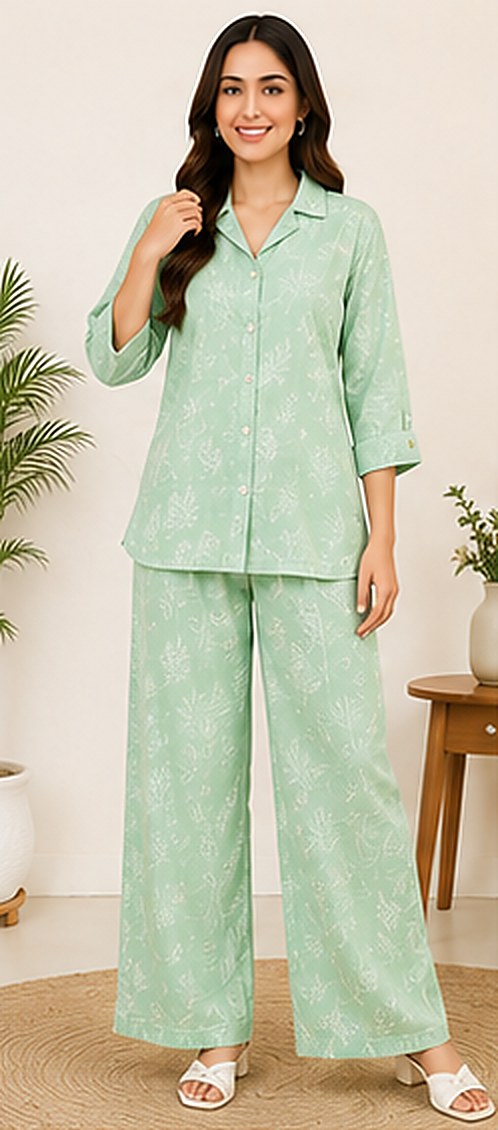 PurvaCreation Mint Fresh Co-ord Set, front view of the button-down shirt and wide-leg pants