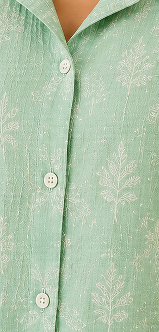 Close-up of the mint green print and breathable fabric on the Mint Fresh Co-ord Set