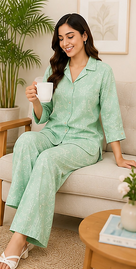 Model wearing the PurvaCreation Mint Fresh Co-ord Set at home
