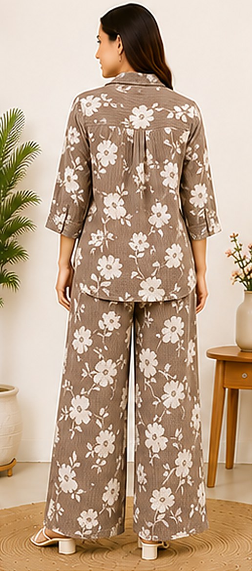 Back view of the PurvaCreation Mocha Floral Co-ord Set