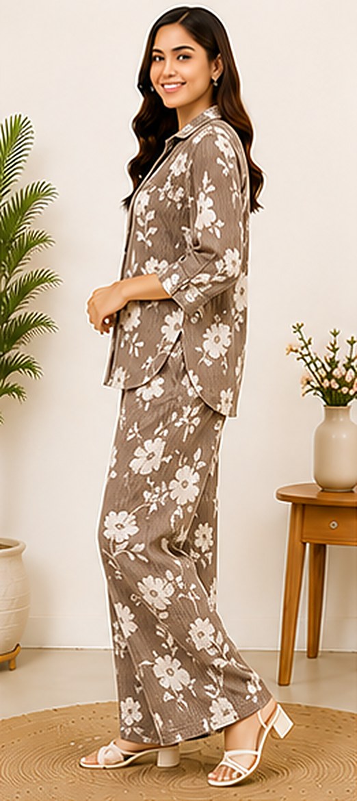 Side view of the PurvaCreation Mocha Floral Co-ord Set