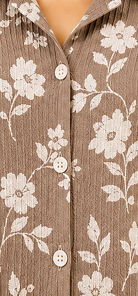 Close-up of the floral print on a mocha base in crinkled cotton