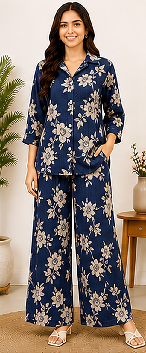 PurvaCreation Navy Bloom Floral Co-ord Set, front view of the shirt and wide-leg pants
