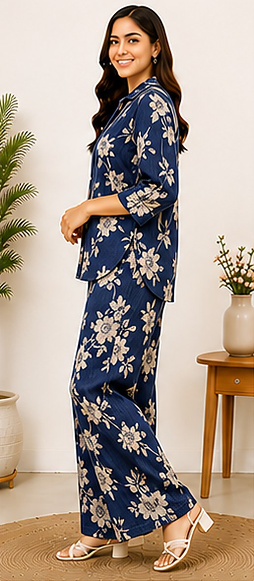 Side view of the PurvaCreation Navy Bloom Floral Co-ord Set