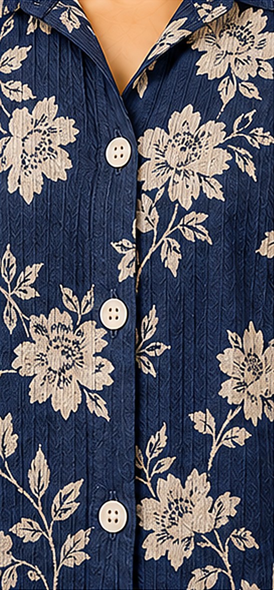 Close-up of the navy and off-white floral print on crinkled cotton