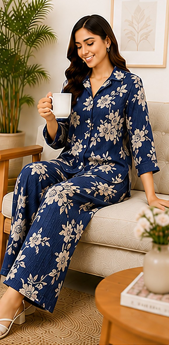 Model wearing the PurvaCreation Navy Bloom Floral Co-ord Set at home
