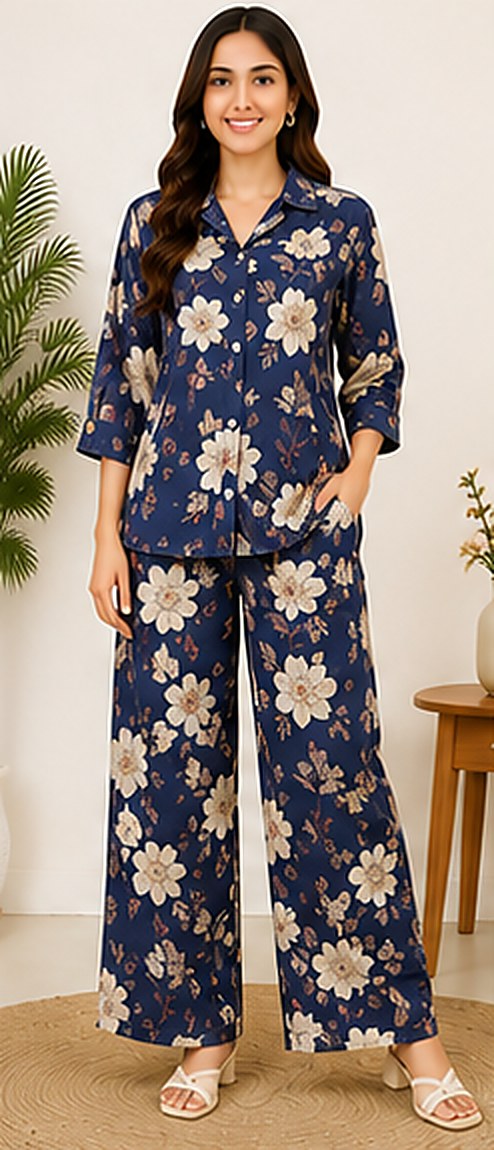 PurvaCreation Navy Floral Co-ord Set, front view of the shirt and wide-leg pants