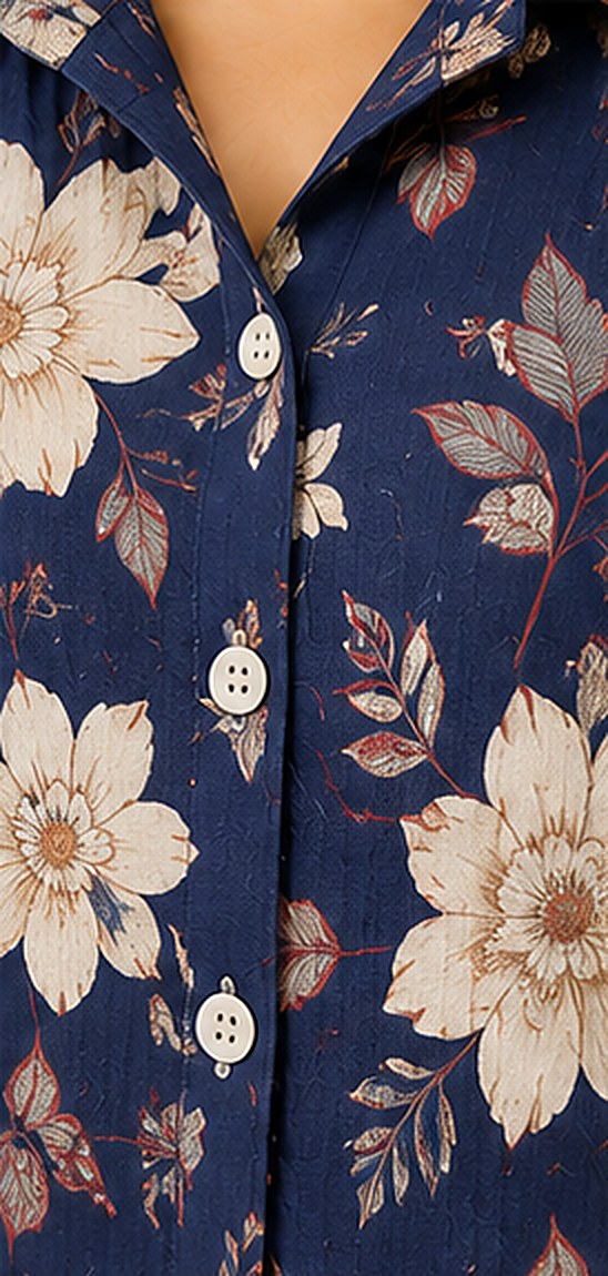 Close-up of the navy blue floral print and breathable fabric