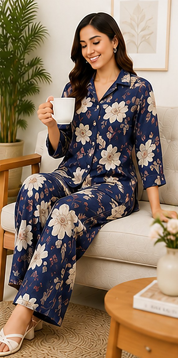 Model wearing the PurvaCreation Navy Floral Co-ord Set at home