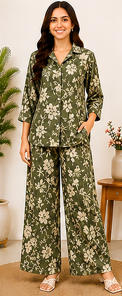 PurvaCreation Olive Branch Floral Co-ord Set, front view of the shirt and wide-leg pants