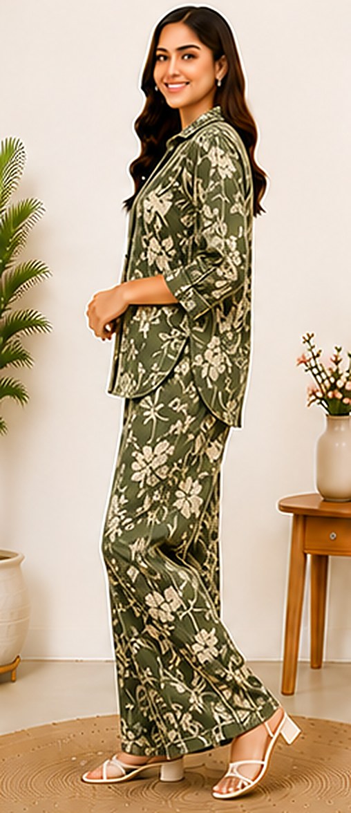 Side view of the PurvaCreation Olive Branch Floral Co-ord Set