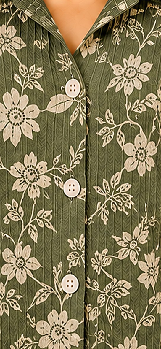 Close-up of the olive green and off-white floral print on crinkled cotton