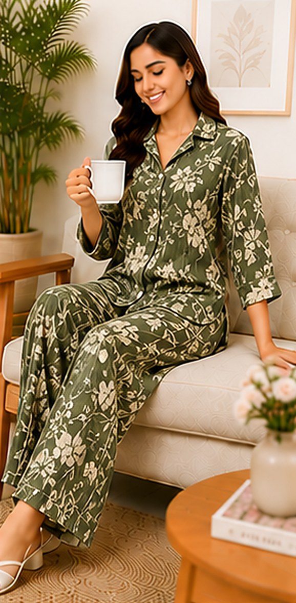 Model wearing the PurvaCreation Olive Branch Floral Co-ord Set at home
