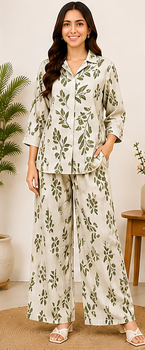 PurvaCreation Olive Leaf Print Co-ord Set, front view of the shirt and wide-leg pants