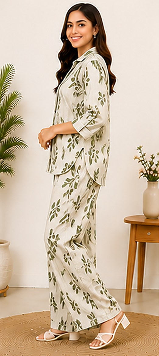 Side view of the PurvaCreation Olive Leaf Print Co-ord Set