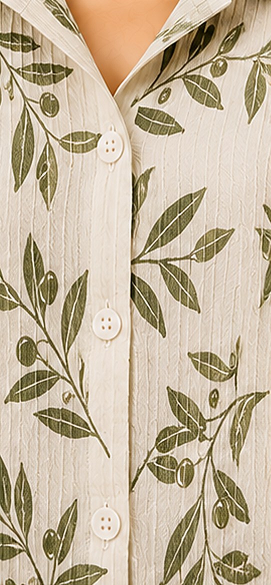 Close-up of the olive leaf print on off-white crinkled cotton