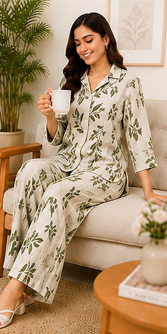 Model wearing the PurvaCreation Olive Leaf Print Co-ord Set at home
