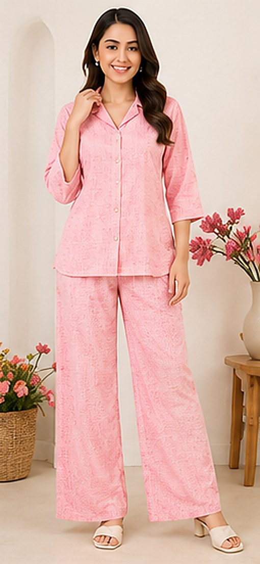 PurvaCreation Pastel Pink Co-ord Set, front view of the shirt and wide-leg pants