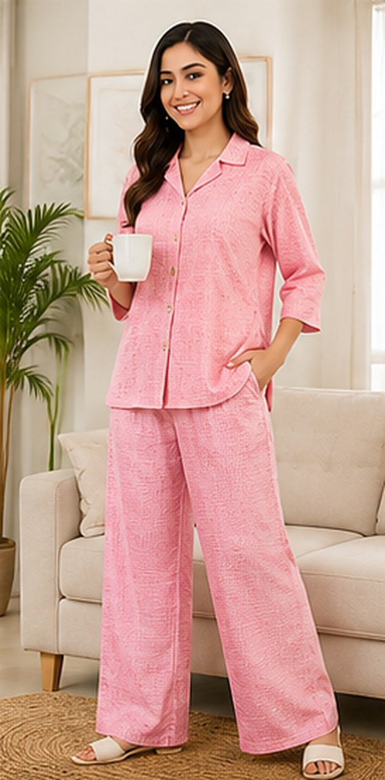 Model wearing the PurvaCreation Pastel Pink Co-ord Set at home