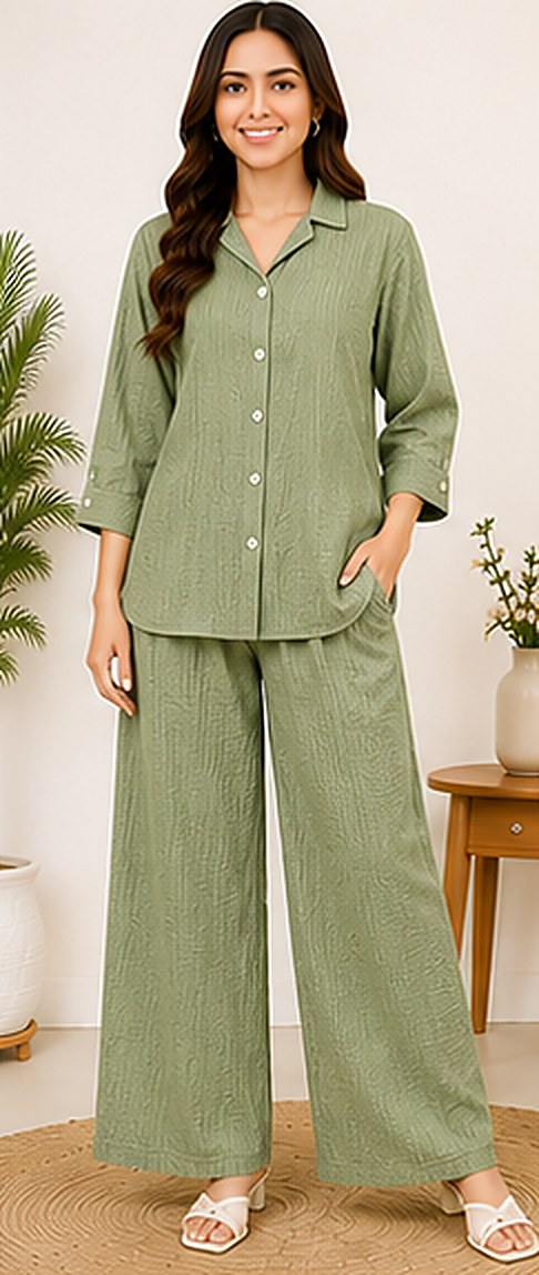 PurvaCreation Sage Green Co-ord Set, front view of the button-down shirt and wide-leg pants