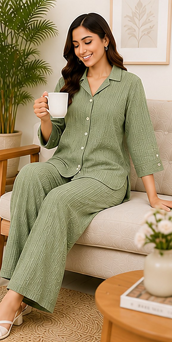 Model wearing the PurvaCreation Sage Green Co-ord Set at home